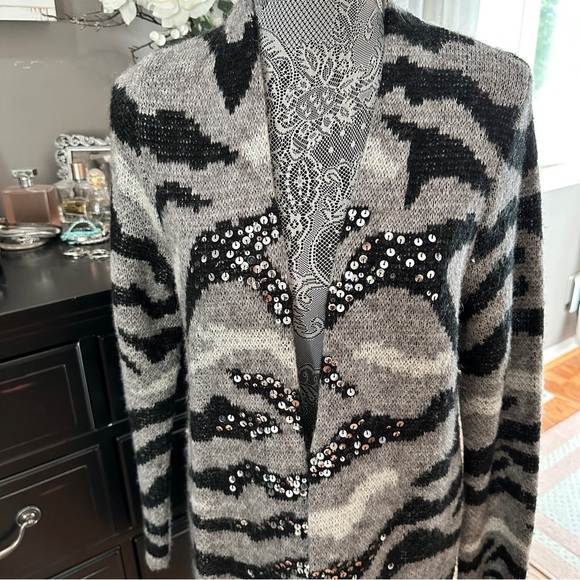 Chico’s Sequin Zebra Print Open Front Long Cardigan Sweater Size 1 (M/L) - Picture 3 of 14